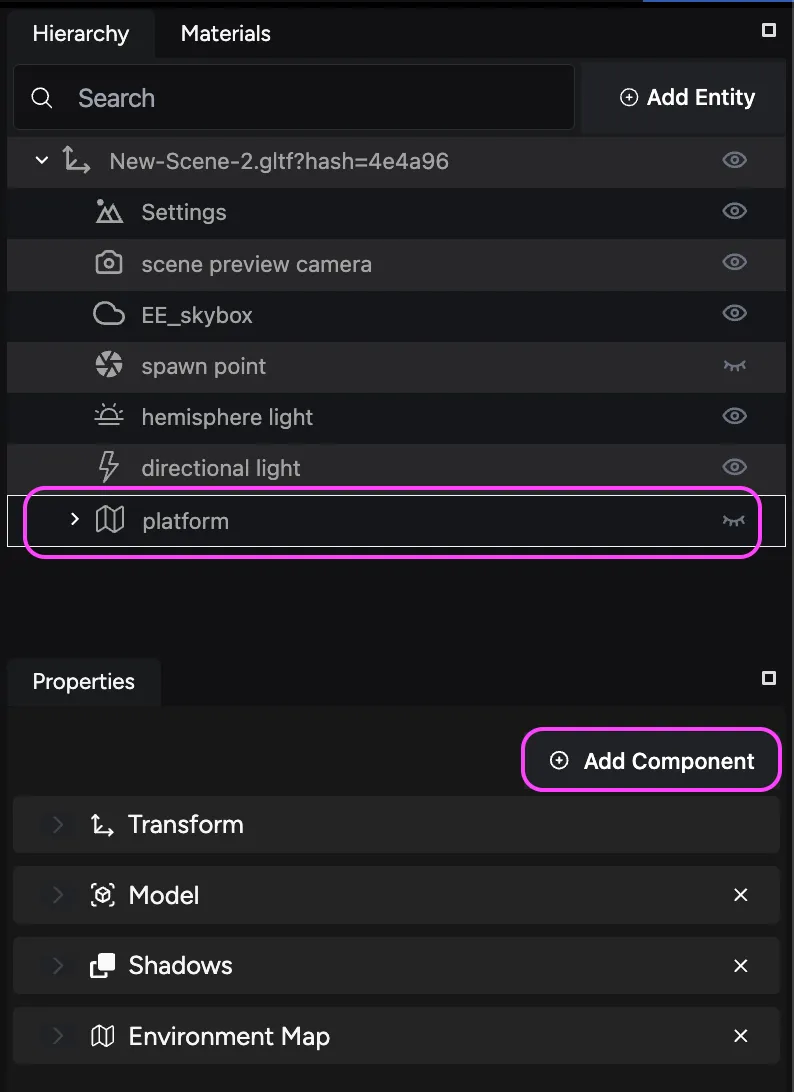 Add Component button with an entity selected