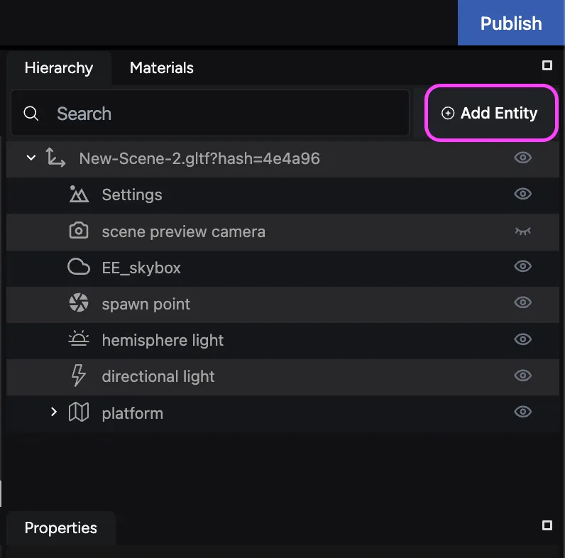 Add Entity button in the Hierarchy tab