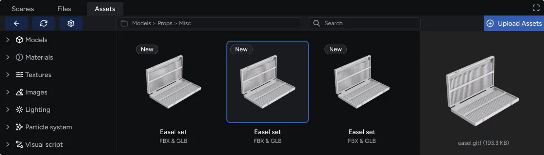 Assets library showcasing a prop model