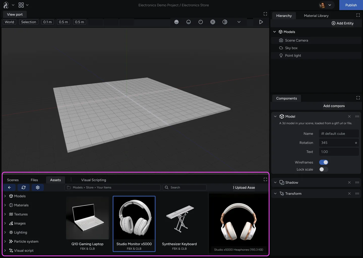 The Assets panel showcasing Prop models