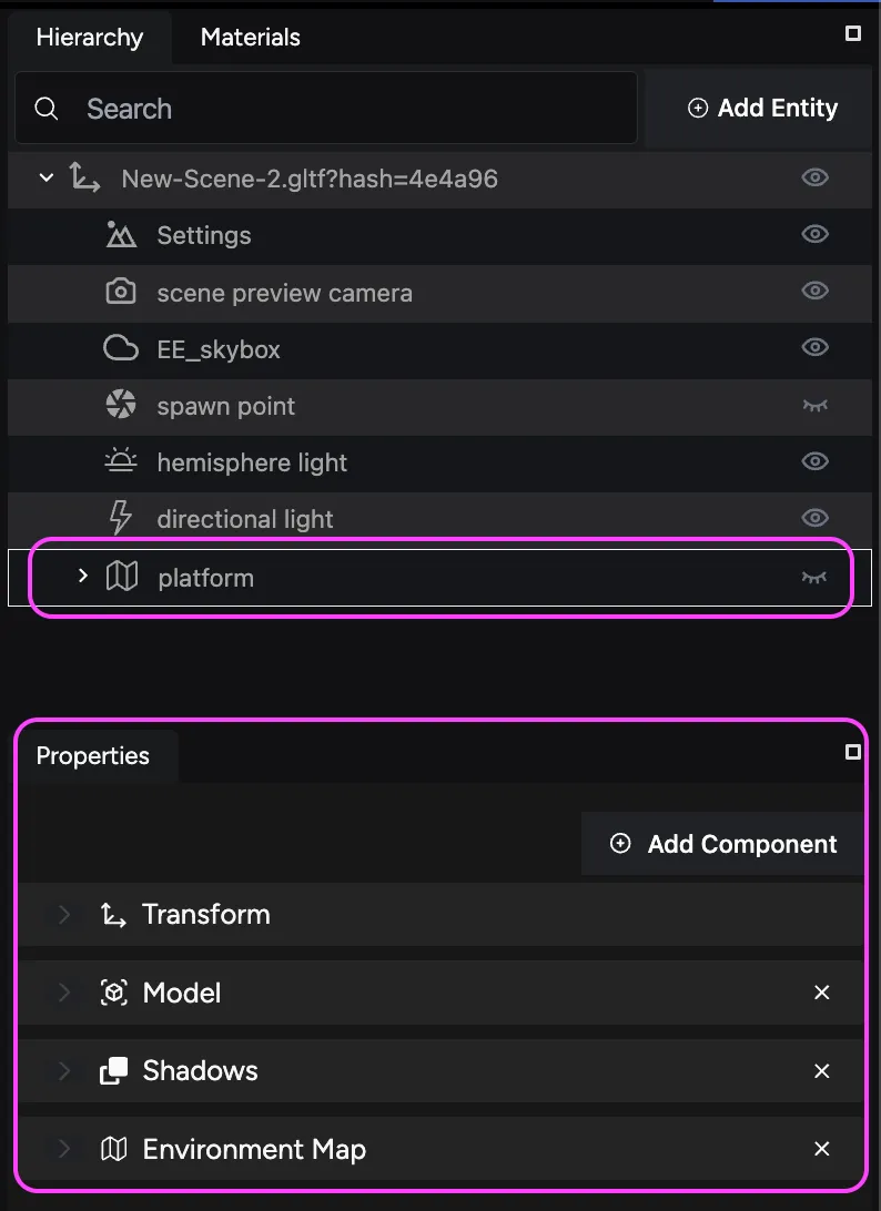 Default components of the selected entity