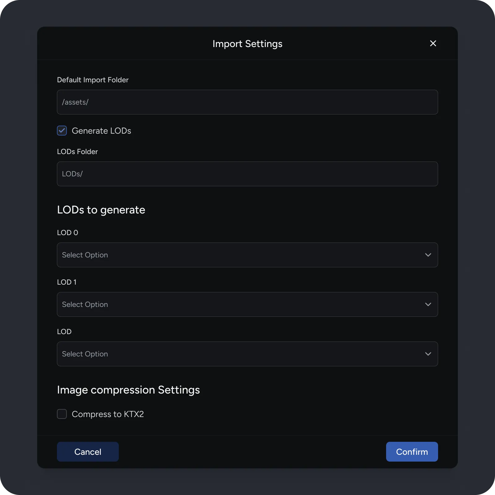 Import Settings menu options